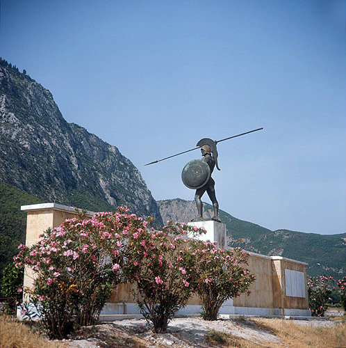 Monument to Leonidas and Spartan warriors commemorating death in battle against army of Xerxes, 480 BC, Thermopylae, Greece
