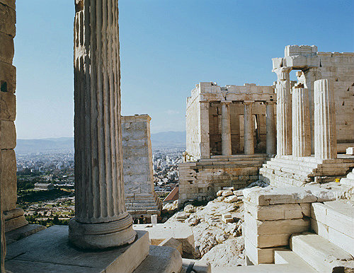 Propylaea, gateway building built between 437 and 432 BC, seen from Temple of Nike, Acropolis, Athens, Greece.