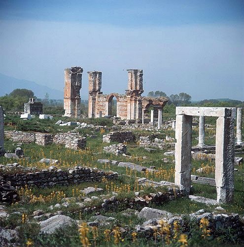 Part of the Library with the sixth century Direkler Basilica beyond, Philippi, Greece