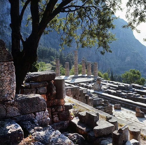 Temple of Apollo, fourth century BC, and the Pleistus Valley, Delphi, Greece