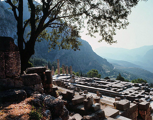 Temple of Apollo, fourth century  BC, and the Pleistus Valley, Delphi, Greece