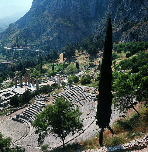 Theatre with Temple of Apollo beyond, both fourth century BC, Delphi, Greece