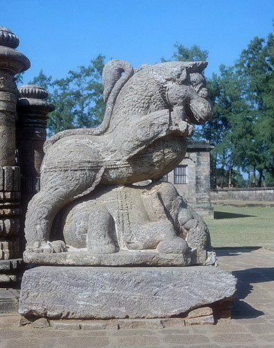 Statue of lion on elephant, thirteenth century, Sun Temple, Konark, Odisha, formerly Orissa, India