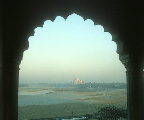 Red Fort, sixteenth century, view of Taj Mahal through arches, Agra, India