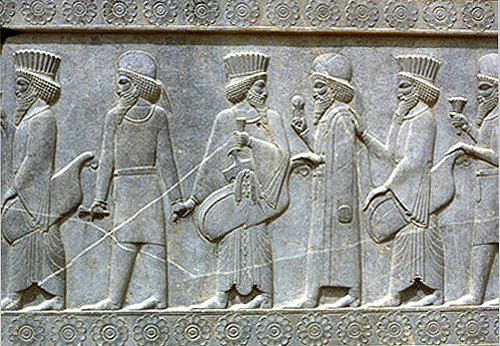 Iran, formerly Persia, Persepolis, capital of the Achaemenid Empire, bas-relief on the audience hall  (Apadana) of the palace of Darius I, begun 519 BC