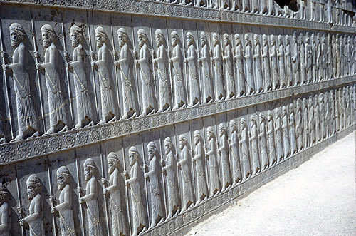 Iran, formerly Persia, Persepolis, capital of the Achmaenid Empire, panorama of palace of Darius I, begun 515 BC, relief of the Royal Guard
