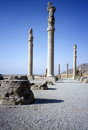 Iran, formerly Persia, Persepolis, capital of the Achaemenid Empire, columns at the audience hall, (Apadana), palace of Darius, begun 5I5 BC
