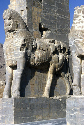 Iran, formerly Persia, Persepolis, capital of the Achaemenid Empire, carving of bull at Apadana gateway