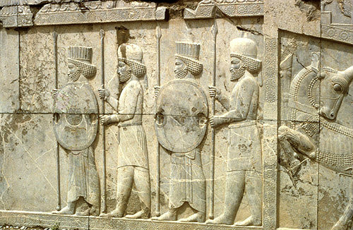 Iran, formerly Persia, Persepolis, capital of the Achaemenid Empire, bas-relief of Persian and Medean soldiers on the audience hall (Apadana) of the palace of Darius I, begun 519 BC