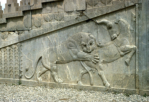 Iran, formerly Persia, Persepolis, capital of the Achaemenid Empire, bas-relief of lion attacking bull, audience hall (Apadana) of the palace of  Darius I, begun 515 BC