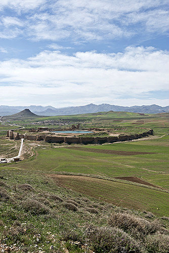 Takht-e Soleyman, view of site of Sassanian complex dating from third century, from hill to south east, west Azerbaijan province, Iran