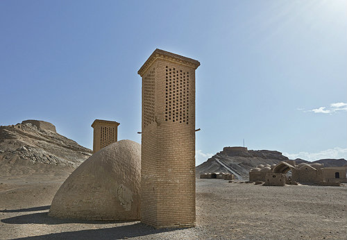 Zoroastrian Towers of Silence (Dakhmeh-ye Zartoshtiyun), reservoir with wind towers, a short distance out of city, Yazd, Iran