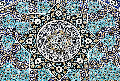 Friday Mosque (Masjed-e Jameh), built In the fifteenth century for Sayyed Roknaddin, detail of tilework in main entrance, Yazd, Iran