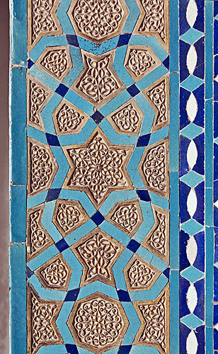 Friday Mosque, (Masjed-e Jameh), built in fifteenth century for Sayyed Roknaddin, detail of tile and plasterwork, Yazd, Iran