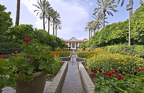 Narenjestan Garden (citrus), created in Zahn period by Mirza Ibrahim Khan, of the Qavam family,view of pavilion from water channel, Shiraz, Iran