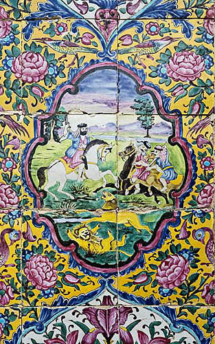 Narenjestan Garden (citrus), created in Zahn period by Mirza Ibrahim Khan, of the Qavam family, decorative tilework, men on horseback hunting lions, Shiraz, Iran