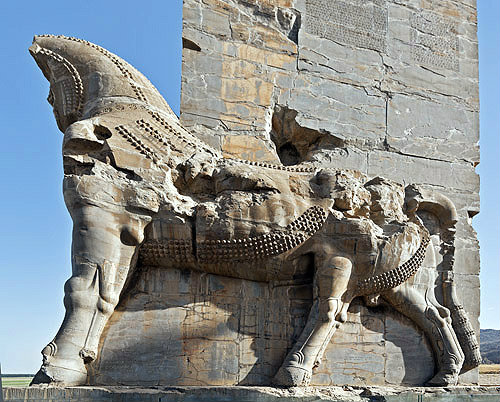 Stone carved bull on western entrance to Gate of All Nations, Persepolis, begun by Darius the Great in 515 BC, capital of the Achaemenid empire, Iran