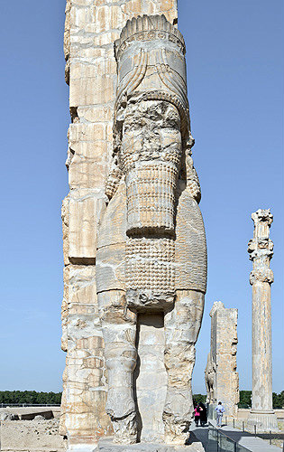 Stone carved man-bull on eastern gate of Gate of All Nations Persepolis, begun by Darius the Great in 515 BC, capital of the Achaemenid empire, Iran