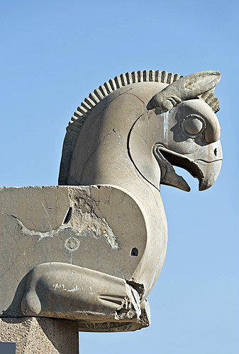 Stone-carved griffin (homa bird) capital, Persepolis, begun by Darius the Great in 515 BC, capital of the Achaemenid empire, Iran