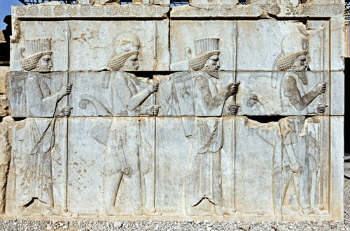 Relief of guards with spears, east Apadana (audience hall) staircase, Persepolis, begun by Darius the Great in 515 BC, capital of Achaemenid empire, Iran