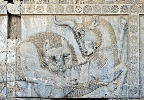 Relief of lion (representing the Sun) overcoming bull (representing the Moon), east Apadana staircase, Persepolis, begun by Darius, Achaemenid empire, Iran