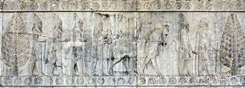Relief of Scythian delegation, east Apadana (audience hall) staircase, Persepolis, begun by Darius the Great in 515 BC, capital of Achaemenid empire, Iran