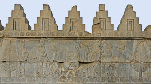 Relief of Susian delegation, bringing offerings of duck-headed bows, a lioness and two cubs, east Apadana staircase, Persepolis, begun by Darius in 515 BC, Iran