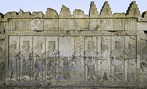 Relief of Persian guards either side of blank panel, east staircase of Apadana palace (audience palace), Persepolis, begun by Darius the Great in 515 BC, Iran
