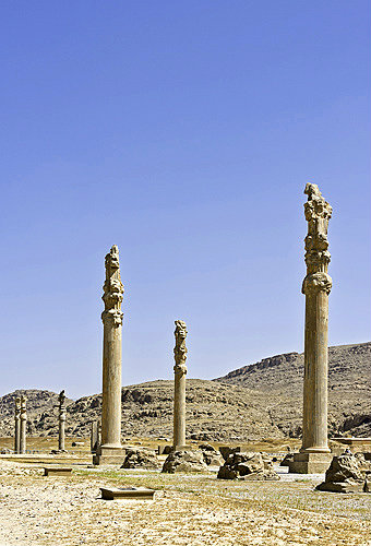 Columned main hall of Apadana palace (audience palace), begun by Darius the Great in 515, completed by his son, Xerxes, view from south, Persepolis, Iran