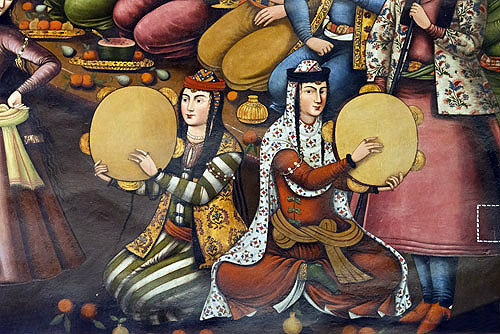 Chehel Sotun, women with tambourines, detail of wall painting in pavilion, of Shah Abbas II receiving Nadr Mohammad Khan of Turkestan, 1658, Isfahan, Iran
