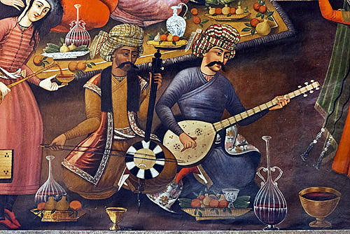 Chehel Sotun, musicians, detail of wall painting in pavilion, of Shah Abbas II receiving Nadr Mohammad Khan of Turkestan, 1658, Isfahan, Iran