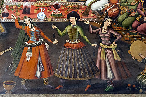 Chehel Sotun, dancers, detail of wall painting in pavilion, of Shah Abbas II receiving Nadr Mohammad Khan of Turkestan, 1658, Isfahan, Iran