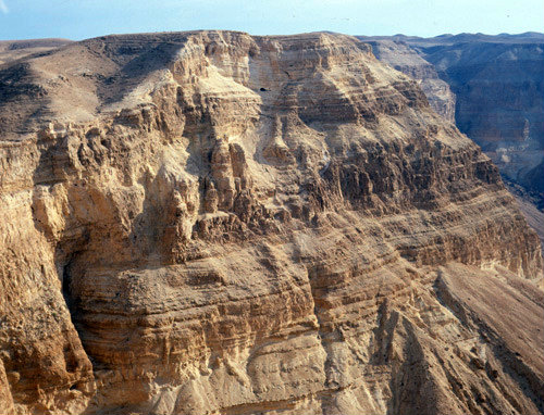 Israel Ein Gedi Bar Kochba caves and Roman camp above