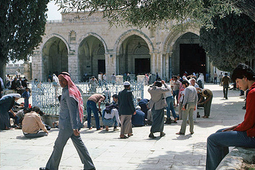 Israel, Jerusalem, Muslim men at the Ablutions fountain at the Al Aqsa Mosque