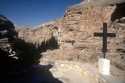 Israel, Greek Orthodox Monastery of St George, Wadi Qilt, founded in the fourth century, cross below cave
