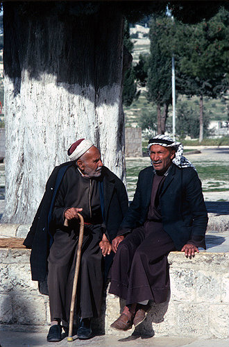 Israel, Jerusalem, two Muslim men talking near the Dome of the Rock