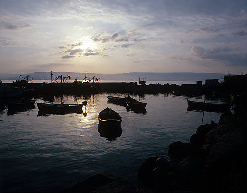 Fishing boats in the early morning at Tiberius, Sea of Galilee, Israel