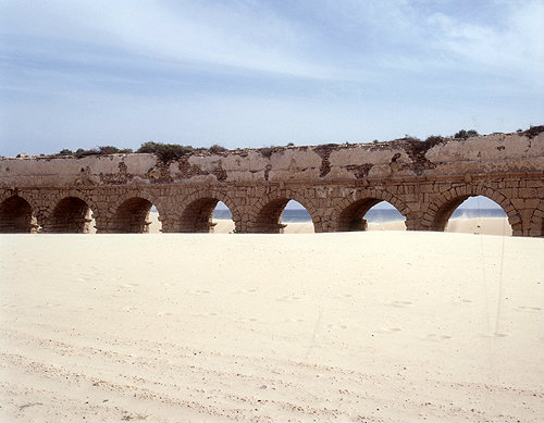 High level aqueduct, detail, Mediterranean sea beyond, Caesarea, Israel