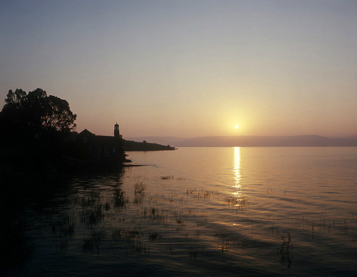 Israel, St Peters Church at Tabgha on the Sea of Galilee at sunrise