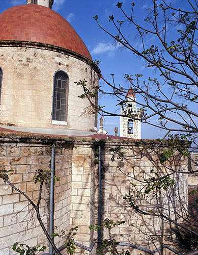 Dome and bell tower of Greek Orthodox Church, built 1566, Cana, Israel