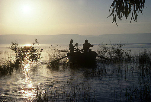 Fishing at sunrise on the Sea of Galilee, Israel