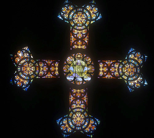 Stained glass cross, Church of St Peter in Gallicantu, Jerusalem, Israel
