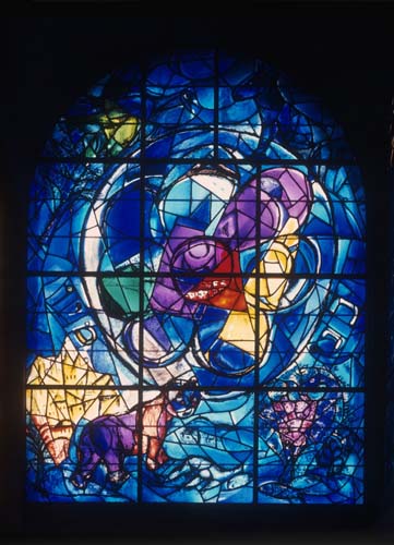 Benjamin, one of the twelve tribes of Israel, 1962 stained glass by Marc Chagall, Abbell Synagogue, Hadassah Medical Centre, Jerusalem, Israel