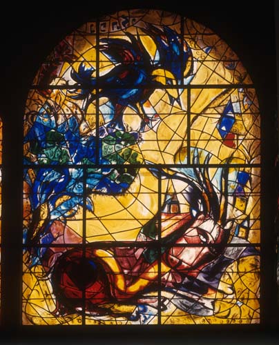 Naphtali, one of the twelve tribes of Israel,1962 stained glass by Marc Chagall, Abbell Synagogue, Hadassah Medical Centre, Jerusalem, Israel