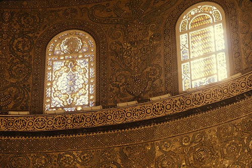 Israel, Jerusalem, the Dome of the Rock, detail of the Byzantine mosaics below the Dome and two latticed windows