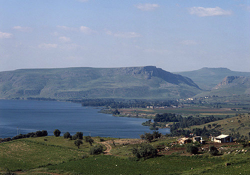 Israel, Galilee, Mount Arbel and plain north of Tiberius