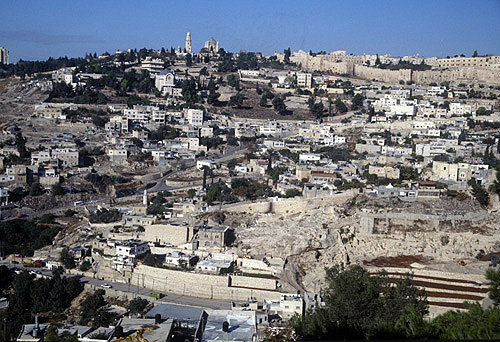Mount Zion, city walls, in centre tombs of the Judean Kings, seen across the Kidron Valley, Jerusalem, Israel