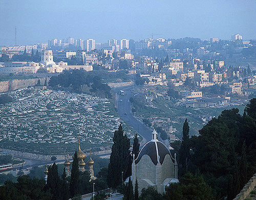 Jerusalem at dawn, Dominus Flevit foreground, Muslim cemetary, City walls and the Rockefeller Museum