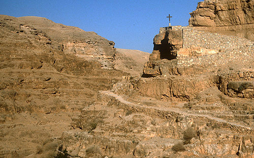 Israel, Greek Orthodox Monastery of St George, Wadi Qilt, cross above one of the caves