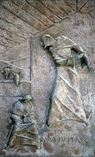 Israel, Nazareth, the Church of the Annunciation, part of the relief on the exterior showing Mary, Jesus and Joseph, 1960